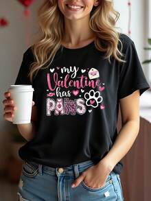 Elegante Camiseta Diaria[Oferta Especial de Vacaciones]Día de San Valentín Mi San Valentín Tiene Patas Estampado Divertido para Amantes de Mascotas Camiseta de Manga Corta de Cuello Redondo para Mujer Talla Grande Primavera Verano Estilo Chic y a la Moda - Negro - Ver 7