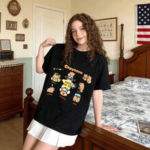 Tops para mujer Casual de Algodón para Mujer, Cuello Redondo, Manga Corta, Largo Regular, con Estampado Gráfico de Capibara para Uso Diario - Negro - Ver 6
