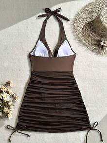Swim Vcay Vestido de baño texturizado sin aros, negro sólido, para mujer, ideal para vacaciones de primavera, fiestas casuales de verano y playas - Marrón - Ver 2