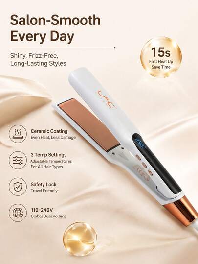  1pc Household LAC Straightening Iron With Display Screen, Adjustable Temperature, Suitable For All Hair Types, Multifunctional Dual-Color Gold & White Flat Iron Straightener And Curler, Gift For Women, Ergonomic Design