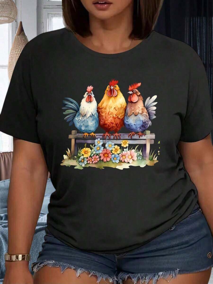 1 pieza Camiseta con diseño de gallina, gallo y gallina en un banco con jardín floral, para fiesta, 220g, 100% algodónropa de calor mujer - Negro - Ver 1