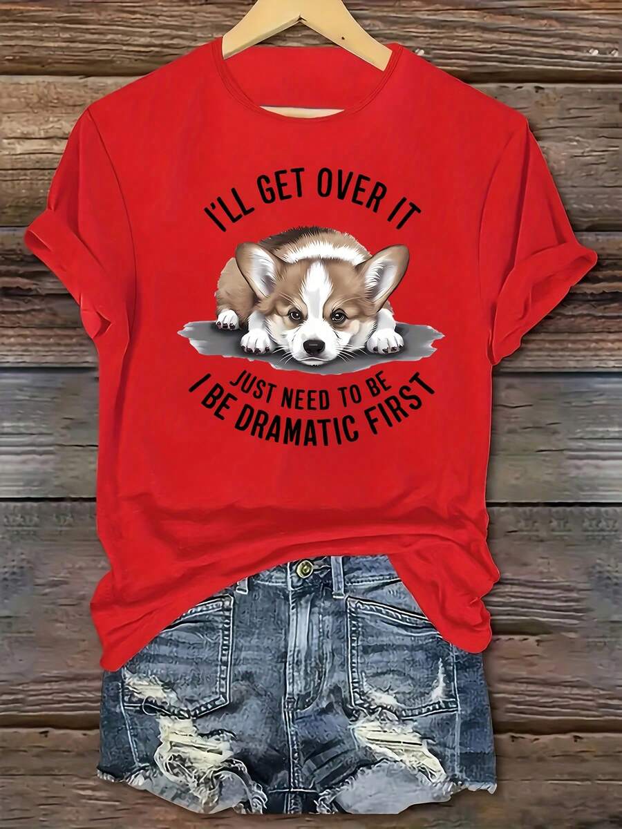 1 Piece Of Women's Casual Short-Sleeved Crew Neck T-Shirt From The Sports Series, Featuring A Cute Corgi Print And The Phrase "I'll Get Through This, I Just Need To Work Harder," 100% Cotton. Women's Warm Clothing - 紅色 - 查看 1