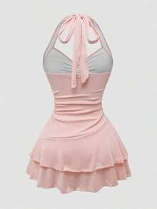 Conjunto de 2 piezas de vestido de tirantes con decoración de estrella de mar y shorts de baño para mujer talla grande, ideal para verano y vacaciones en la playa - Rosa - Ver 2