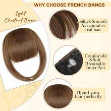 Clip In French Bangs With Temples |   Natural Curved Faux Bangs Hair Extensions For Women Daily Wear - Light Chestnut Brown - View 3