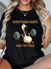 Camiseta gráfica divertida de mujer con pato levantando pesas - Todo duele y estoy cansada Impresión, camiseta blanca casual de cuello redondo, perfecta para ropa casual o entrenamientos, camisetas de gimnasio humorísticas - Negro - Ver 1