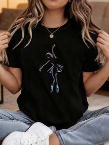Camiseta con estampado gráfico de línea de bailarina |   Top casual de manga corta y cuello redondo para mujer, para primavera/verano, perfecta para salidas informales y regalos festivos - Negro - Ver 6