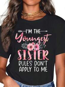 Camiseta Divertida para Hermanas - "Soy la hermanita, las reglas no se aplican a mí" - Camiseta Gráfica Negra - Estilo Casual Suave y Elástico, Ideal para Regalo de Cumpleaños o Graduación de Hermanas - Camiseta Ligera Lavable a Máquina - Negro - Ver 7