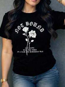 Summer Casual T-Shirt. Women's 100% Cotton T-Shirt With Vintage Rose Art Print, Modern And Comfortable Design, Ideal For Everyday Summer Casual Wear. 100% Cotton. Durable. Fashionable And Versatile Women's Short Sleeve T-Shirt, Basic Style For Inner And Outerwear. - 黑色 - 查看 11