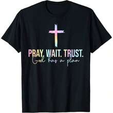Camiseta Religiosa ClassicPray Wait Trust God Has A Plan Tie Dye Faith, adecuada para usar durante todo el año, camiseta de manga corta con cuello redondo, estampada por un lado, de algodón, top divertido estampado para mujer, camiseta de verano. - Negro - Ver 1