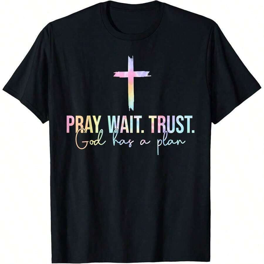 Camiseta Religiosa ClassicPray Wait Trust God Has A Plan Tie Dye Faith, adecuada para usar durante todo el año, camiseta de manga corta con cuello redondo, estampada por un lado, de algodón, top divertido estampado para mujer, camiseta de verano. - Negro - Ver 1