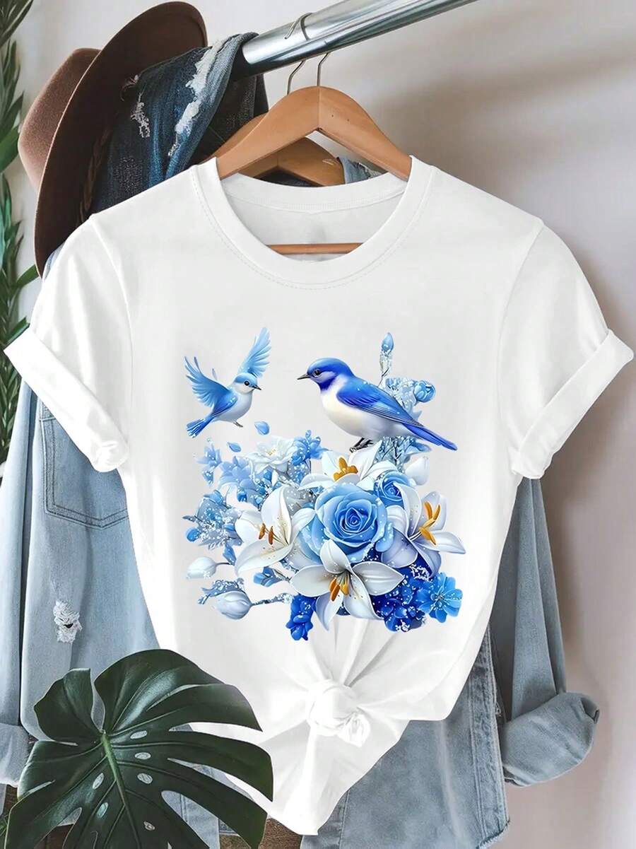Camiseta de Mujer con Estampado de Pájaros - Blusa de Manga Corta y Cuello Redondo, Top Casual de Elasticidad Media Ideal para Verano y Primavera, Ropa Casual Lavable a Máquina con Diseño de Pájaros y Flores (No es de Tela)