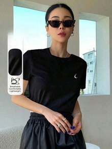 Camiseta Estampada De La Luna Con Cuello Redondo - Negro - Ver 6
