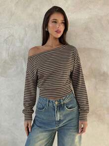 Top de manga larga asimétrico de hombro de punto de color albaricoque para mujer, otoño/invierno - Multicolor - Ver 3
