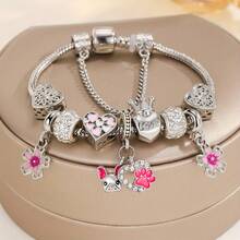 1pc Luxury Silver Beaded Bracelet With Heart, Paw Print & Flower Charms, Unique Design Versatile Daily Wear Jewelry Gift - Flower and Heart Bracelet - View 1