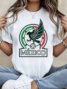 Camiseta de la Selección Nacional de Fútbol de México con el Logo del Águila, Verde y Blanca, con Diseño de Balón de Fútbol y Colores de la Bandera Mexicana para Aficionados al Deporte y Uso Casual) playeras de mujer - Blanco - Ver 7