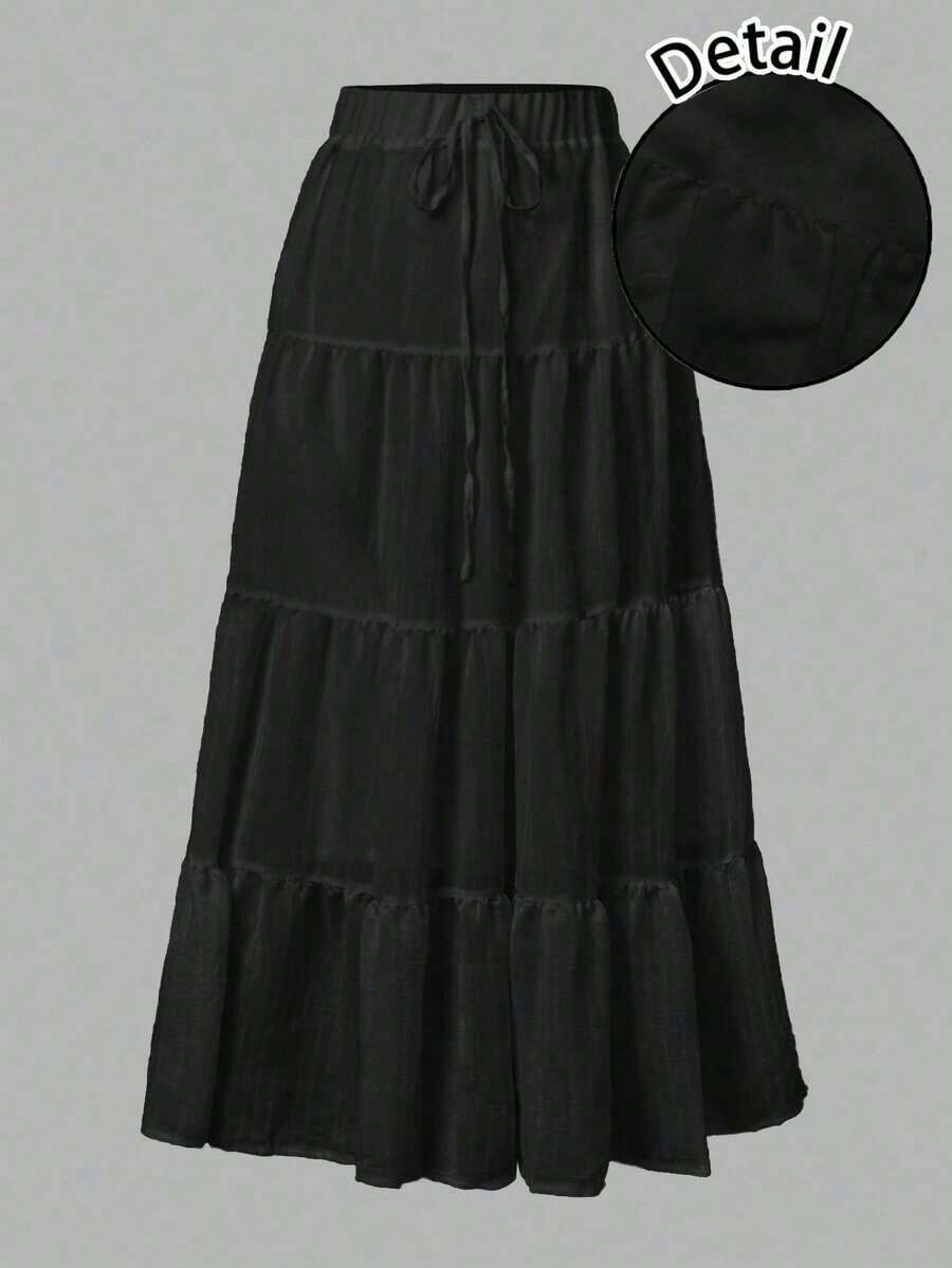 Falda de gasa de estilo princesa con múltiples capas y arrugas, falda tipo pastel de varias capas, adecuada para vacaciones de verano, estilo femenino y lindo - Negro - Ver 1