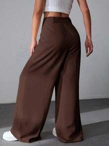 Pantalones casuales y versátiles de cintura alta con pierna ancha de unicolor - Marrón - Ver 2