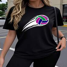 Women's Casual Sports Volleyball Graphic Print Cotton Tee, Short Sleeve Round Neck T-Shirt for Everyday Wear - Negro - Ver 1