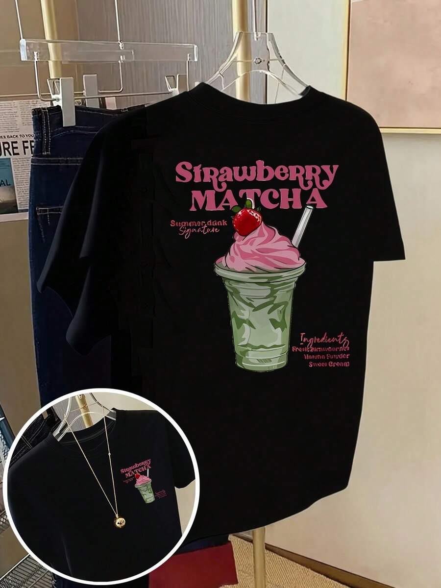 Unisex Short-Sleeved T-Shirt With A Printed Design Of Letters And Pink Ice Cream, Loose Fit For Summer - Black - View 1
