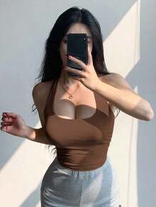 Top de tirantes finos y espalda descubierta de corte ceñido y corto en color marrón, adecuado para verano y primavera en estilo Y2K - Albaricoque 2 - Ver 8