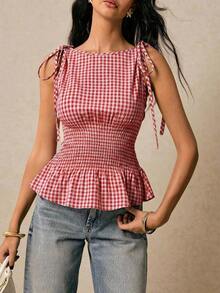 de peplum con smock a cuadros para mujer - Blusa sin mangas con lazos de contraste en los hombros, cintura ceñida estilizadora, top de tirantes casual y elegante a cuadros marrones para el trabajo, el brunch y las vacaciones, Top sin mangas - Rojo y blanco - Ver 5