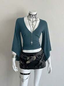 Camiseta ajustada con cuello en V profundo y mangas acampanadas sexy - Agua verde azul - Ver 3
