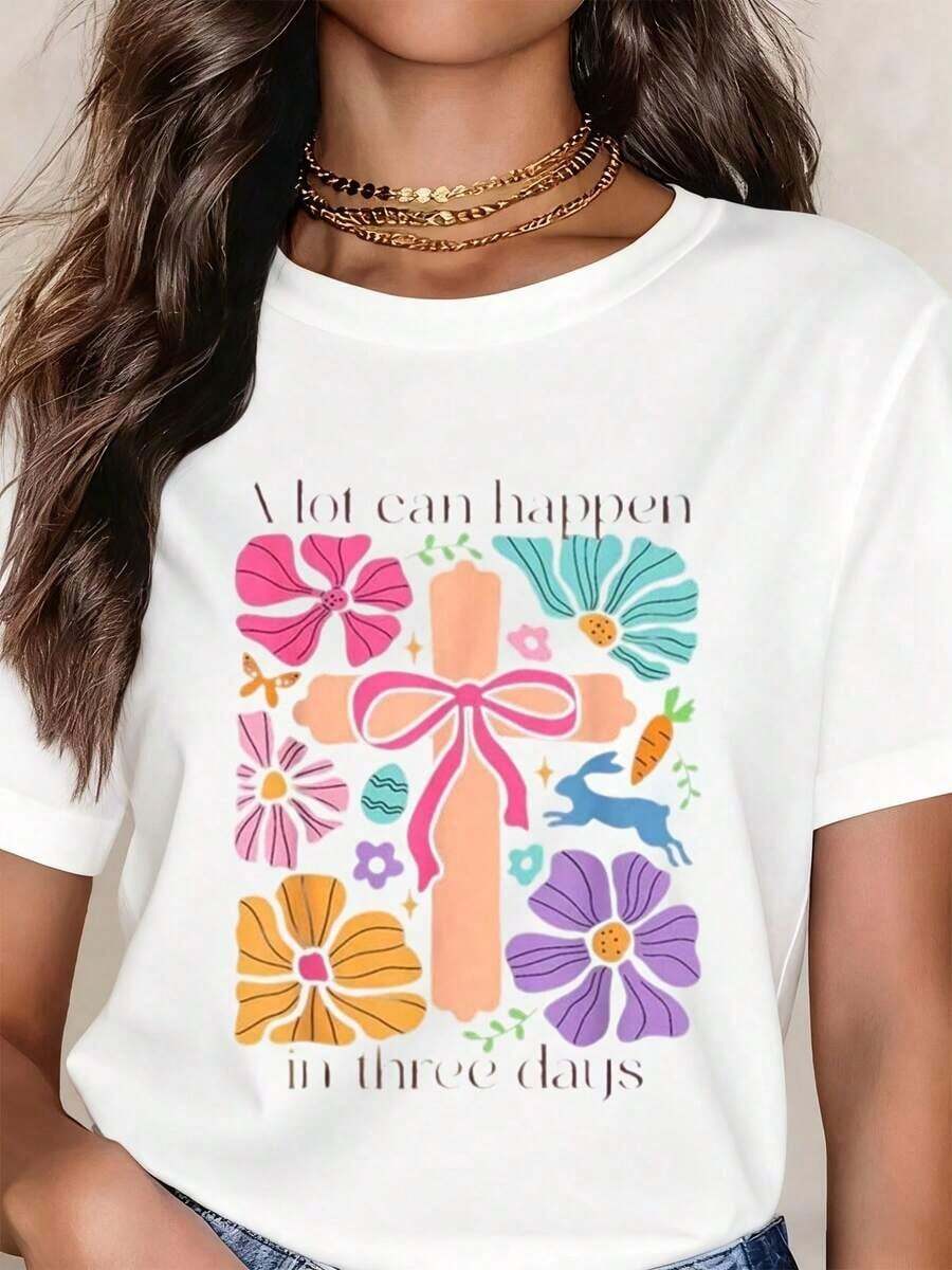 CasualEast Women's Short Sleeve T-Shirt With Cross Design And Christian Easter Theme, Modern And Casual, Round Neck And Loose Fit. - 白色 - 查看 1