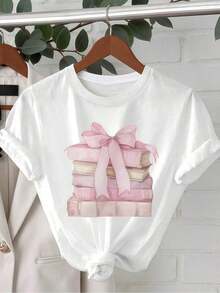 1 pieza de ropa para mujer, camiseta blanca con estampado de libros apilados, camisetas, top blanco, camisetas gráficas para mujer, camiseta unisex casual de cuello redondo, tejido de punto ligero de 220 g/m², lavable a máquina, para primavera/verano/otoño, Navidad, Día de San Valentín, Día de la Madre, transpirable y cómoda. - Blanco - Ver 2