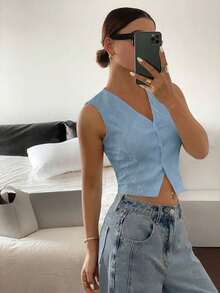 Top sin mangas blanco puro con bordado, de estilo "Old Money", casual y lindo para verano, para salir - Niebla azul - Ver 5