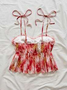 Blusa corta de gasa con estampado de flores y efecto tie-dye, adecuada para vacaciones, citas, té de la tarde, playa, cruceros, vacaciones en la ciudad, todas las estaciones, festivales de música, vacaciones bohemias - Rojo y blanco - Ver 2