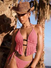 Bellisia Top de bikini de mujer de punto texturizado marrón con cuentas y piedras - Rosa - Ver 4