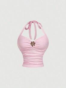 Set de 2 piezas de top halter y minifalda de jacquard para mujer, conjunto de falda y top blanco, ropa de otoño para mujer, atuendo para fiesta, boda, salida, conjunto elegante de mujer, conjunto chic de mujer, ropa de campo para mujer - Rosa Pálido - Ver 5