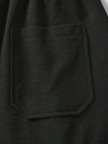 男士黑色亨利领仿亚麻短袖套装（两件套），包含短裤和休闲Polo衫，抗皱透气，适合夏季海滩度假 - 黑色 - 查看 11
