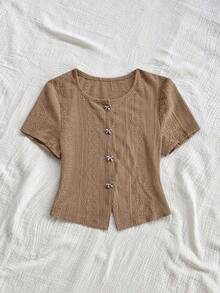 Blusa casual de mujer con manga corta, bordado de malla y lazo con botón - Caqui - Ver 3