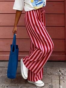Pantalones sueltos y casuales a rayas para mujer, pantalones ligeros y cómodos de estilo bohemio elegante para primavera, verano y otoño, vacaciones en color rosa - Rosa - Ver 7