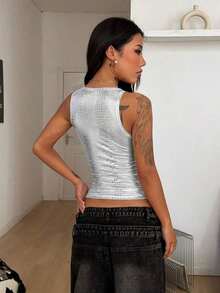 Camiseta de punto de verano con cuello en V gris, cómoda y elegante, con encaje de contraste, para salir y vacaciones - Plateado - Ver 6