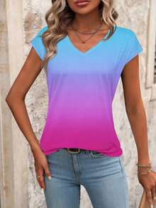 Blusa de rayas de verano casual para vacaciones, de manga corta y cuello en V, minimalista y versátil para uso diario y viajes, estilo coreano suave y apropiada para la oficina - Multicolor 2 - Ver 3