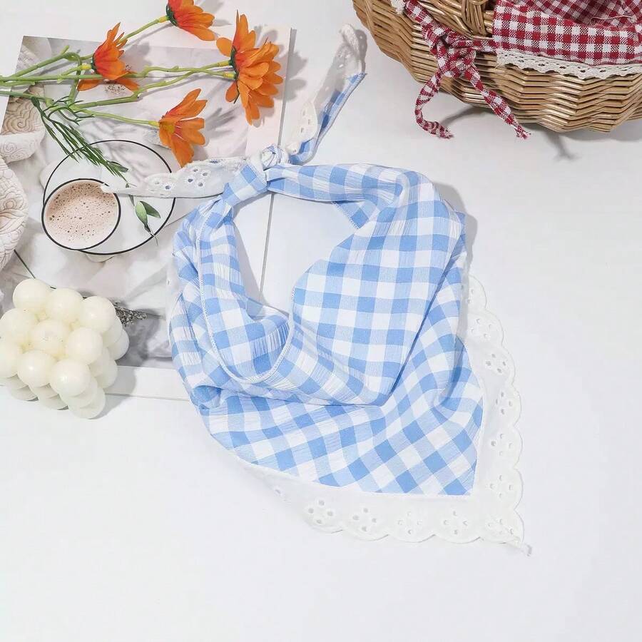 1 chiếc khăn bandana tam giác kẻ caro xanh dương dành cho nữ, thích hợp sử dụng hàng ngày trong mùa hè. - Màu xanh lam - Xem 1