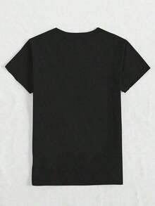 Camiseta de manga corta estampada para mujer. Perfecto para citas, desplazamientos diarios y salidas informales. Diseño clásico minimalista de cuello redondo, fácil de combinar y se adapta a todo tipo de cuerpos. - Negro - Ver 2