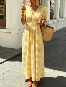 Vestido midi de corte evasé con cuello en V, mangas con volantes y cintura ceñida con estampado de cuadros para mujer - Caqui - Ver 7