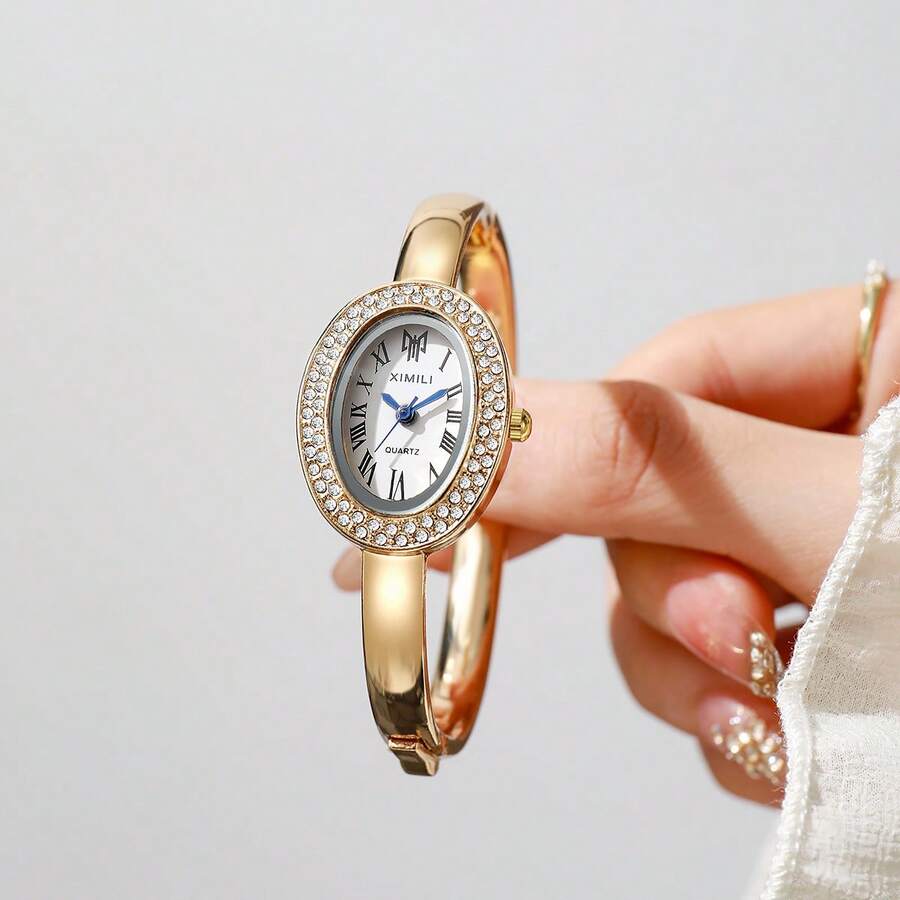 GUANQIN Relógio feminino vintage de luxo, tamanho pequeno, dourado, com mostrador oval cravejado de strass. Design minimalista, elegante e à prova d'água, em aço inoxidável com mecanismo de quartzo. Ideal para uso diário, aniversários, Halloween, Natal, Dia das Mães, volta às aulas, aniversários de estudantes, feriados, Dia dos Namorados, encontros, ocasiões profissionais, festivais de música e casamentos. - Ouro - Ver 1