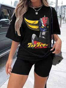 1 Piece 180g Camisera de Algodón para Mujer, Oversize Manga Corta Cuello Redondo con Estampado para el Diario y la Calle,designed by Y2K artists in the Bababask style - Negro 6 - Ver 6