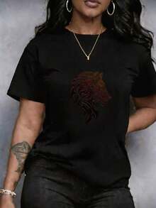 Camiseta para Mujer estampado integral de lobo, estampado de letras, manga corta y cuello redondo, corte holgado, diseño vintage en estilo casual de manga corta y cuello, prenda casual versátil para Uso Casual, cómoda, suave, transpirable, lavable a máquina - Negro - Ver 11