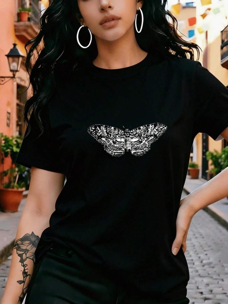 Women's T-Shirt With Leopard And Butterfly Print, Soft Round Neck, Wide Neckline, Machine Washable At Any Temperature, Urban Retro Style, Casual Short-Sleeved Round Neck T-Shirt, Versatile Casual Sleeve For Spring And Summer, Original Print Summer Clothing, Comfortable Soft Garment With A Comfortable Fit, Ideal For Everyday Retro Urban Style Looks - 黑色 - 查看 1