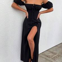 Puff Sleeve Tie Front Off Shoulder Slit Thigh Dress White Elegant Summer - Marrón - Ver 10