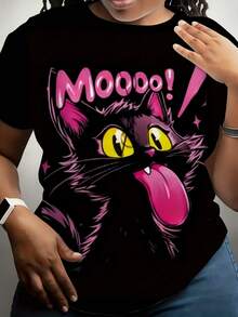Camiseta de manga corta con estampado digital para mujer, estilo artístico con tema de "Gato divertido y lindo", camiseta de manga corta con estampado, top divertido y moderno, adecuada para amantes de los gatos, camiseta informal de talla grande para mujer con cuello redondo, la imagen muestra un personaje de gato divertido y lindo - Negro - Ver 6