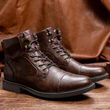 Men's Retro Brown Boots, British Style High-Top Lace-Up Work Boots, Wear-Resistant Non-Slip Business Casual Leather Boots - Brown - View 10