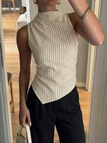 Blusa de satén con cuello plisado, sin mangas, elegante y minimalista para oficina, con dobladillo puntiagudo - Caqui - Ver 3