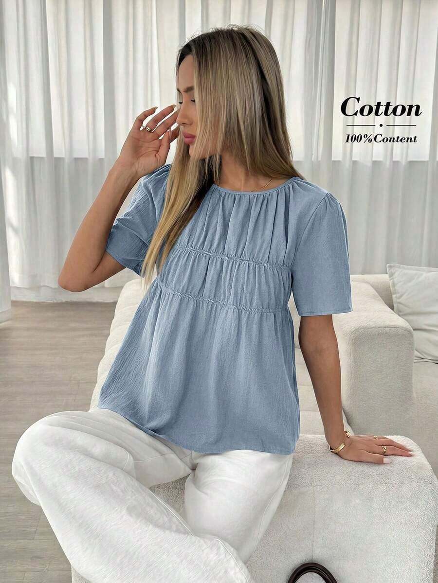 Camisa casual de mujer de unicolor, cuello redondo, manga corta y plisada - Azul - Ver 1