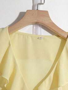 Blusa casual con cuello en V, mangas con volantes y pétalos - Amarillo - Ver 3